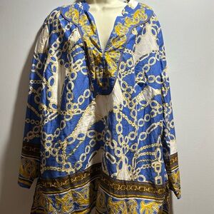 Charter Club Blue, White & Gold Chain-Print Hooded Tunic